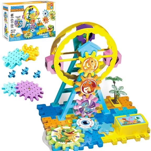 42pcs Rotating Ferris Wheel Building Blocks Set with Multicolor Dinosaur Stickers,STEM Learning Toy for Kids,Great Gift for Age 3+ Years Old (Not Included Battery)