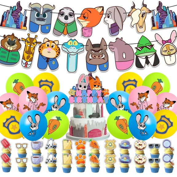 42pcs Zootopia Birthday Decorations, 5in Cupcake Cake Toppers And Foil Balloons Party Favors For Fans Birthday Background Decorations, 1 Set Paper Flags + 24 Small Flags + 1 Large Flag + 16 Balloons