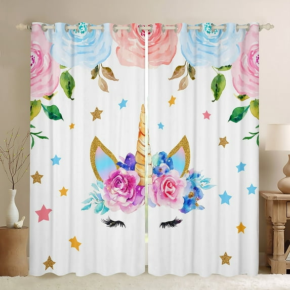 42x63 inch Curtains for Unicorn,Flower Unicorn 30%-50% Blackout Curtains 30-50%,Pink Blue Floral Curtains Drapes,Romantic Unicorn Window Curtains 2 Panels for Living Room
