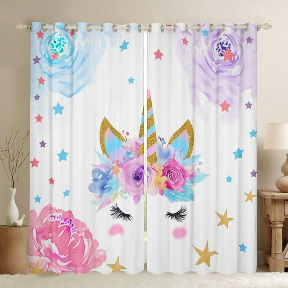 42x84 inch Curtains Flower Unicorn 30%-50% Blackout Curtains 30-50%,Cartoon Unicorn Curtains Drapes,Watercolor Rainbow Unicorn Window Curtains 2 Panels for Living Room