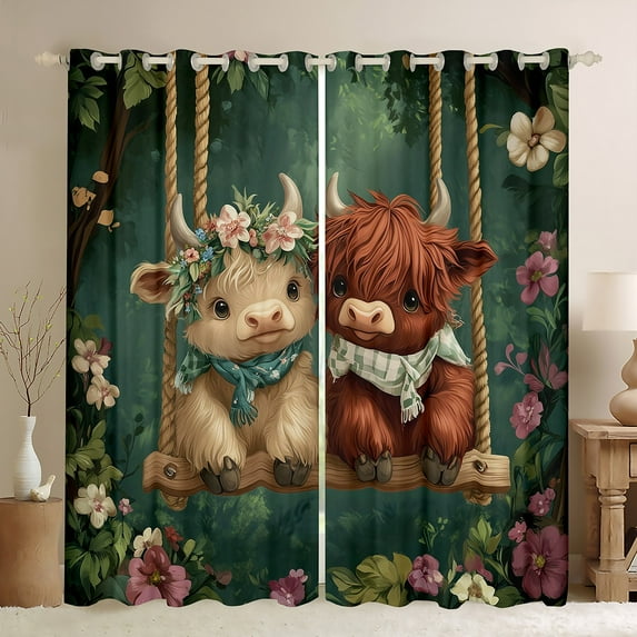 42x84 inch Farmhouse Curtains,Highland Cow 30%-50% Blackout Curtains 30-50% for Cow,Floral Cow Curtains Drapes,Western Cartoon Animal Window Curtains 2 Panels for Bedroom