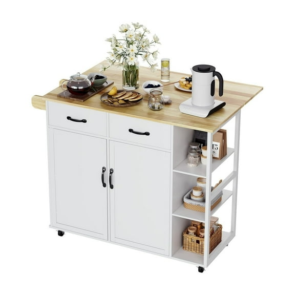 43.12-in Wide Wood Countertop Kitchen Island Table with Cabinet, Drawers, Spice & Towel Racks, Folding Leaf and Wheels - Wine Storage, Spice & Towel Organization, Mobile Stability
