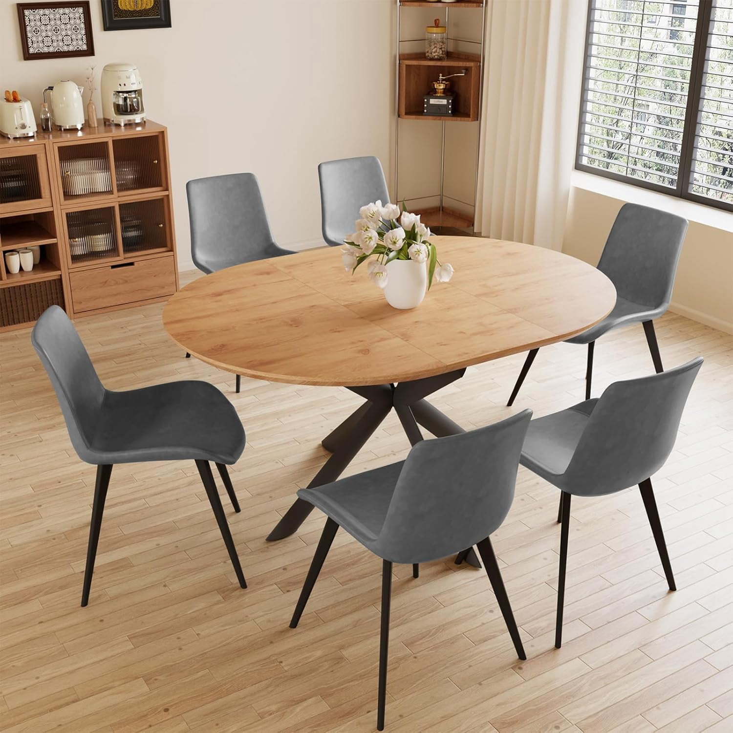 43.2"-59.1" Extendable Round Dining Table Set of 7, Round Kitchen Table ...