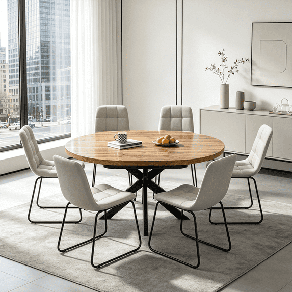 43.2"-59.2" Extendable Round Dining Table Set for 4-6,7 Piece Round Kitchen Table Set with 6 Upholstered Chairs for Kitchen Living Room, Space Saving