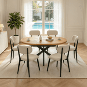 43.2"-59.2" Extendable Round Dining Table Set for 4-6,7 Piece Round Kitchen Table Set with 6 Upholstered Chairs for Kitchen Living Room, Space Saving