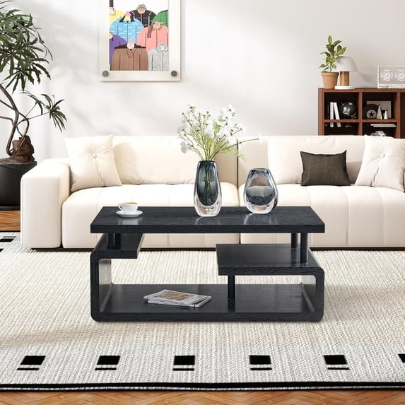 43.3" 3-Tier Storage Coffee Table, Modern Wood Center Table with Stainless Steel Legs, Easy Assembly Living Room Office Apartment, Retro Wood Grain