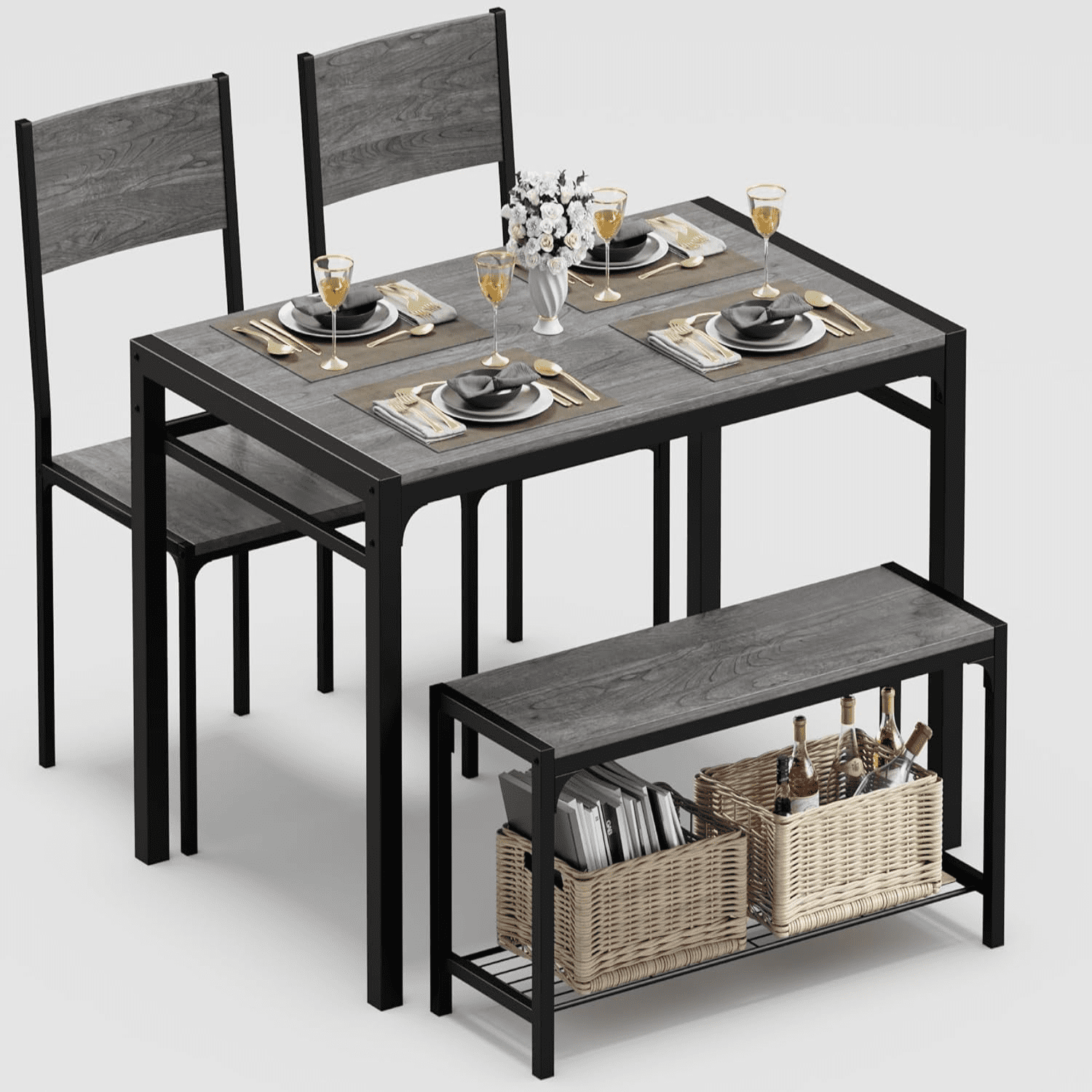 Gray Metal and Wood 4-Piece Dining Set with Bench and 2 Chairs