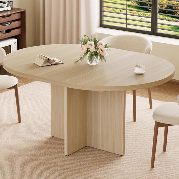 43.3"-59" Extendable Dining Table for 4-8, Round to Oval Kitchen Table with Hidden Storage & Sturdy Cross Base, Modern Dinner Table for Dining Room Living Room, Removable Leaves, Natural Wood