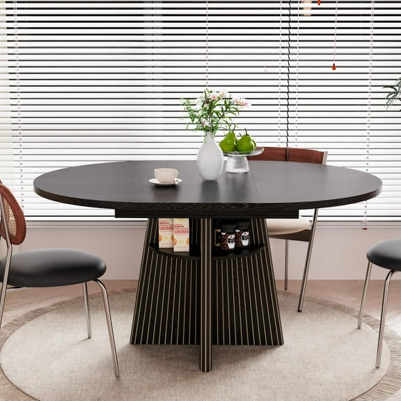 43.3–59" Extendable Dining Table for 4–8, Round Kitchen Table with Fluted Base & 4 Storage Shelves for Living Room, Black