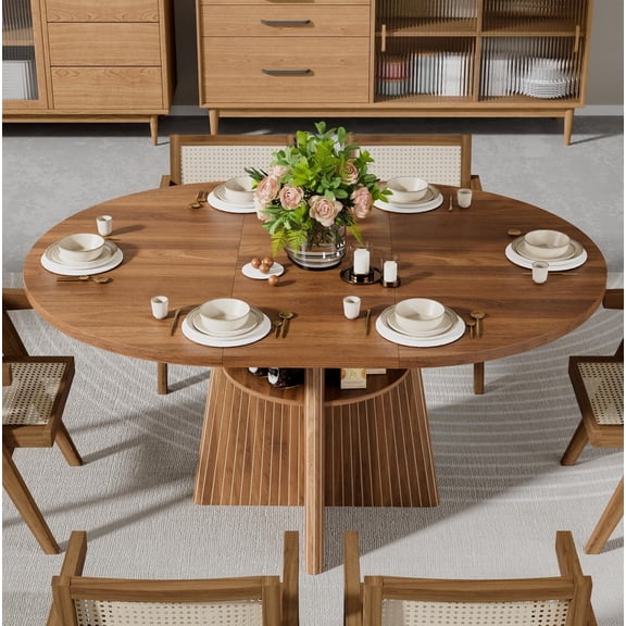 43.3–59" Extendable Dining Table for 4–8, Round Kitchen Table with Fluted Base & 4 Storage Shelves for Living Room, Walnut