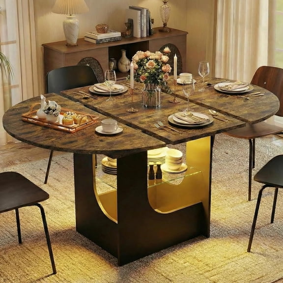 43.3"-59" Extendable Round Dining Room Table for 4-8 with Lights Oval Modern Table with Hidden Leaf and Glass Storage Shelf for Kitchen Living Room, Rustic