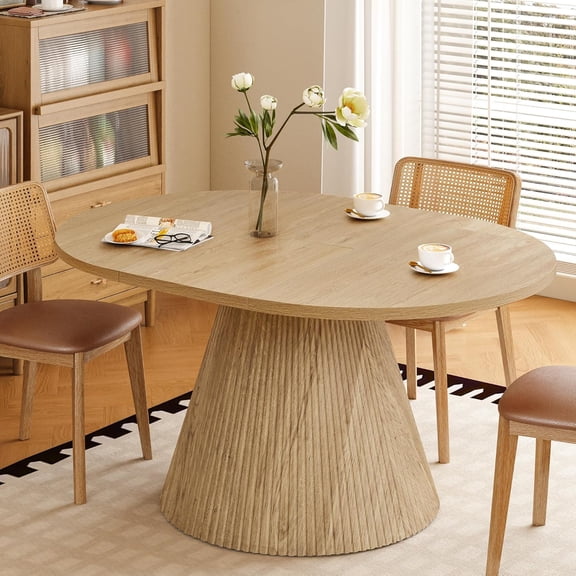 43.3"-59" Extendable Round Dining Table for 4-6-8, Oval Adjustable Kitchen Table with Removable Leaves Space Saving, Transformer Dinner Table with Fluted Pedestal Base for Living Room (Natural)