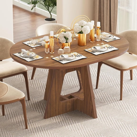43.3"-59" Extendable Round Dining Table for 4-6, Transformer Oval Dining Room Table with Removable Leaves, Space Saving Wood Dinner Table for Kitchen, Living Room, Walnut