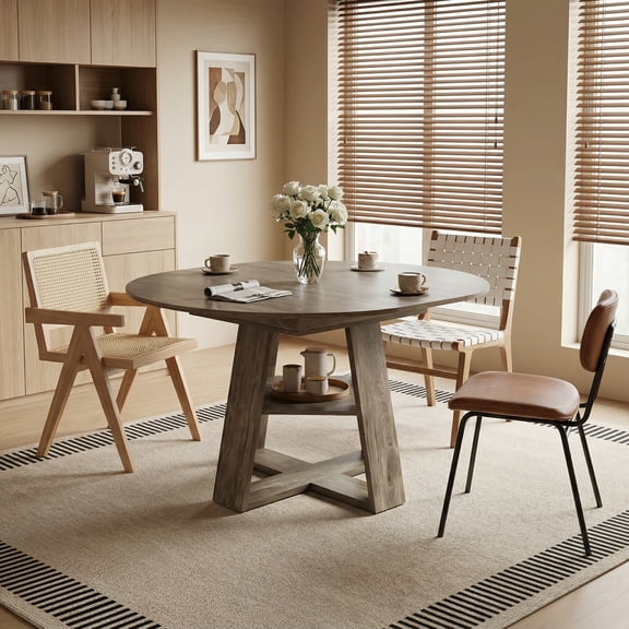 43.3"-59" Extendable Round Dining Table for 4-8, Modern Farmhouse Oval Kitchen Table with Storage Shelf, Wood Pedestal Base, Space Saving Dining Room Table, Gray