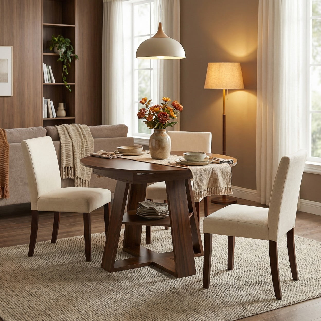 43.3"-59" Extendable Round Dining Table for 4-8, Modern Farmhouse Oval Kitchen Table with Storage Shelf, Wood Pedestal Base, Space Saving Dining Room Table, Walnut