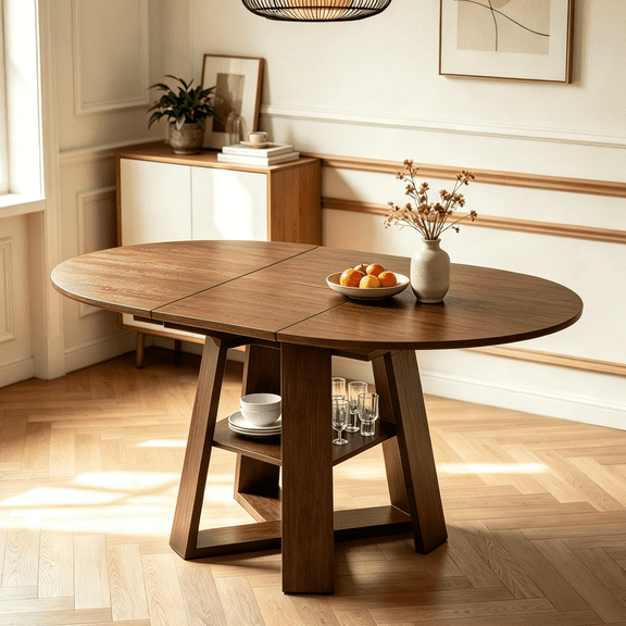 43.3"-59" Extendable Round Dining Table for 4-8, Modern Oval Kitchen Table with Storage Shelf, Cross Base Wood Look Dinner Table for Dining Room, Living Room