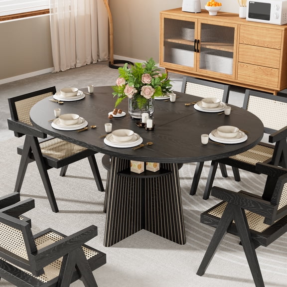 43.3''-59'' Extendable Round Dining Table for 4-8, Modern Round Table with Fluted Base, Transformer Oval Dining Room Table with Removable Leaves Space Saving for Kitchen Living Room, Black