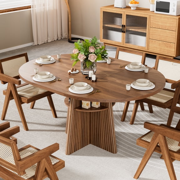 43.3''-59'' Extendable Round Dining Table for 4-8, Modern Round Table with Fluted Base, Transformer Oval Dining Room Table with Removable Leaves Space Saving for Kitchen Living Room, Walnut