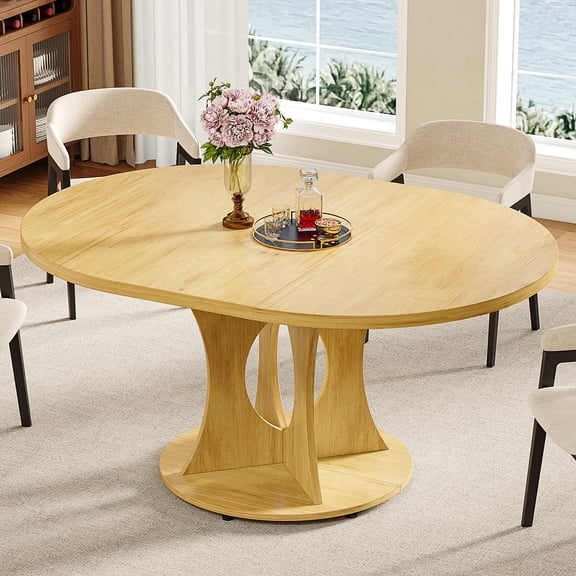 43.3" to 59" Extendable Round Dining Table for 6 to 8 People, Wooden Oval Kitchen Dinner Table with Stable Pedestal Base, Space-Saving Mid-Century Dinette for Home, Oak