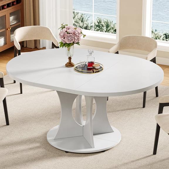 43.3" to 59" Extendable Round Dining Table for 6 to 8 People, Wooden Oval Kitchen Dinner Table with Stable Pedestal Base, Space-Saving Mid-Century Dinette for Home, White