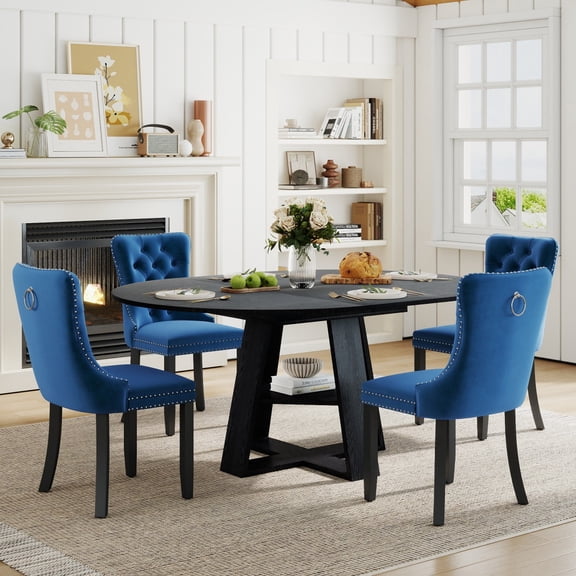 43.3-59" Extendable Round Dining Table Set Velvet Tufted Dining Chairs, Storage Shelf for Kitchen, Dining Room, Living Room