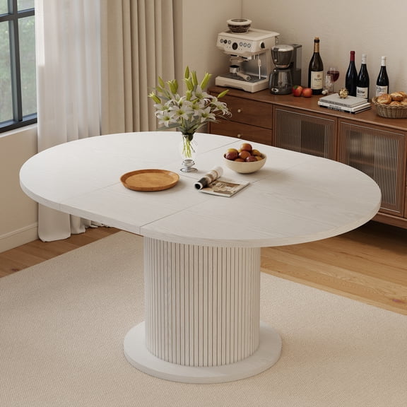 43.3″–59″ Extendable Round Dining Table for 4–6, Modern Kitchen Table with Fluted Pedestal for Kitchen Dining Living Room, White