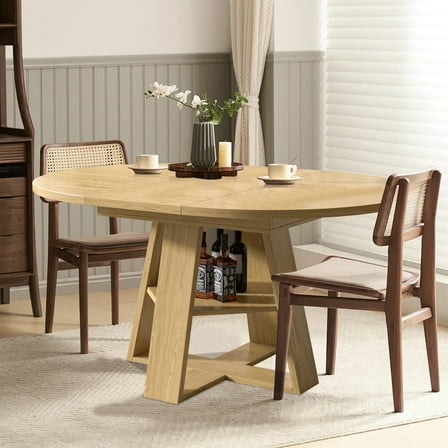 43.3''-59'' Extendable Round Dining Table for 4-8, Mid Century Modern Wooden Round Table with Removable Leaves Space Saving, for Kitchen Living Room