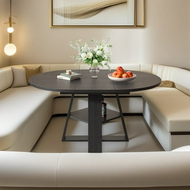 43.3''-59'' Extendable Round Dining Table for 4-8, Mid Century Modern Wooden Round Table with Removable Leaves Space Saving, for Kitchen Living Room