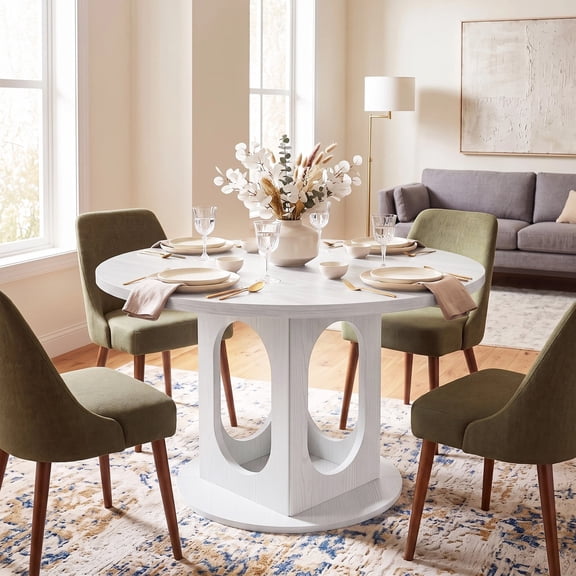 43.3"-59" Extendable Round/Oval Dining Table for 4-8 – Mid-Century Modern Farmhouse Kitchen Table with Sturdy Base & Adjustable Leveling Feet