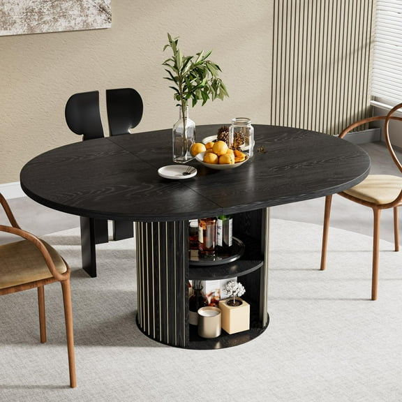 Fsbecl 43.3"-59" Extendable Wooden Round Dining Table for 4-6 with 2-Tier Storage Shelf, Black