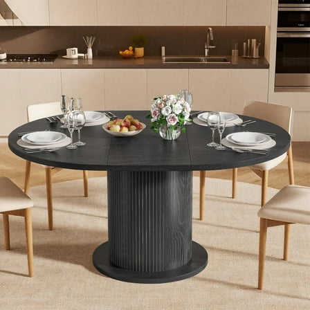 Fsbecl Extendable Wooden Round Dining Table, Modern Farmhouse Kitchen Table for 4-6, Black