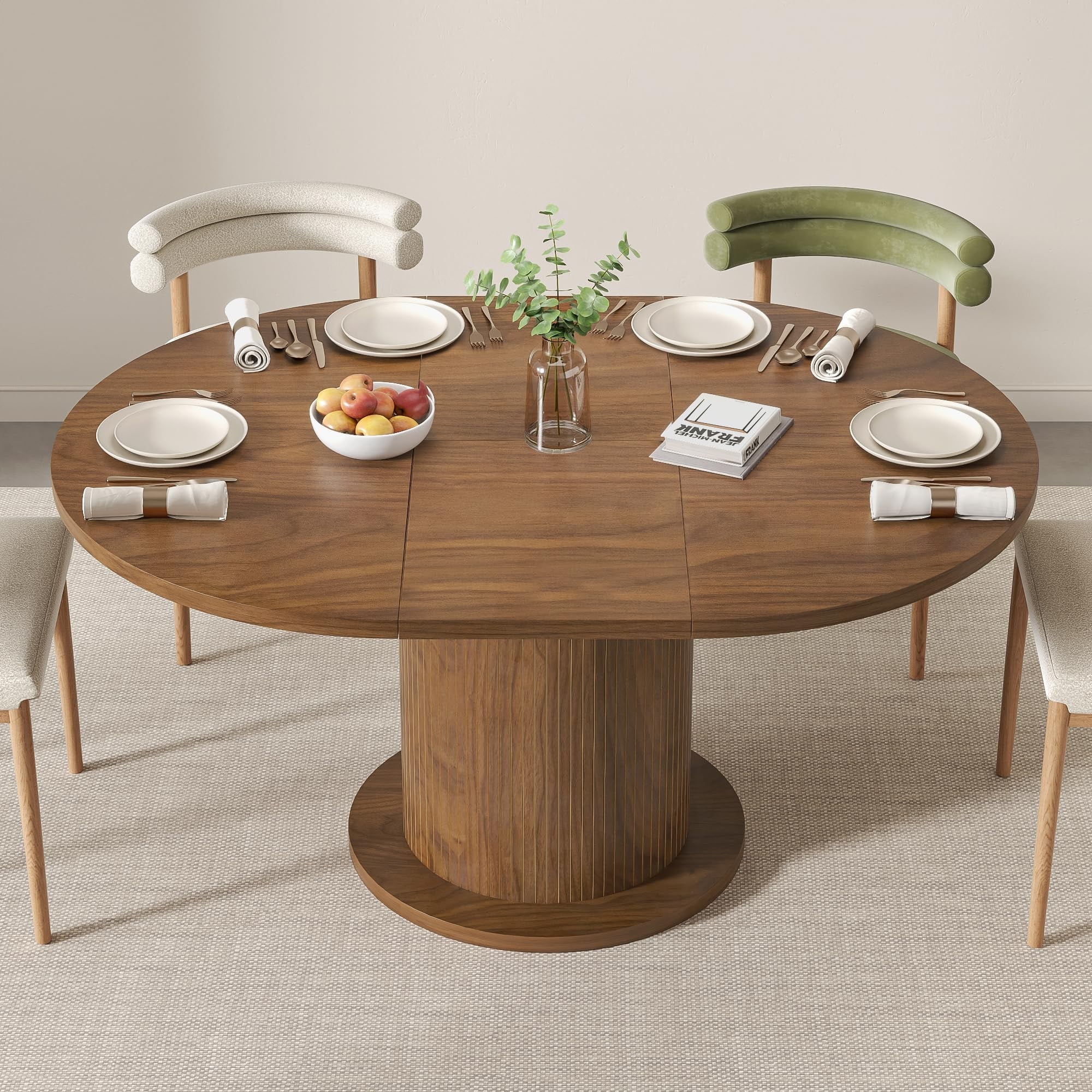 Extendable Wooden Round Dining Table, Modern Farmhouse Kitchen Table for 4-6, Walnut