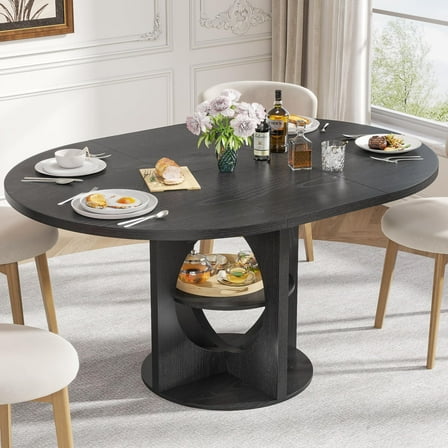 Fsbecl Extendable Wooden Round Dining Table, 43.3"-59" Oval Kitchen Table with Storage, Black (4-6 Count)