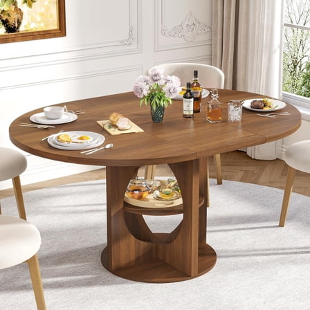 Fsbecl Extendable Wooden Round Dining Table for 4-6, 43.3"-59" Modern Oval Kitchen Table with Storage, Walnut