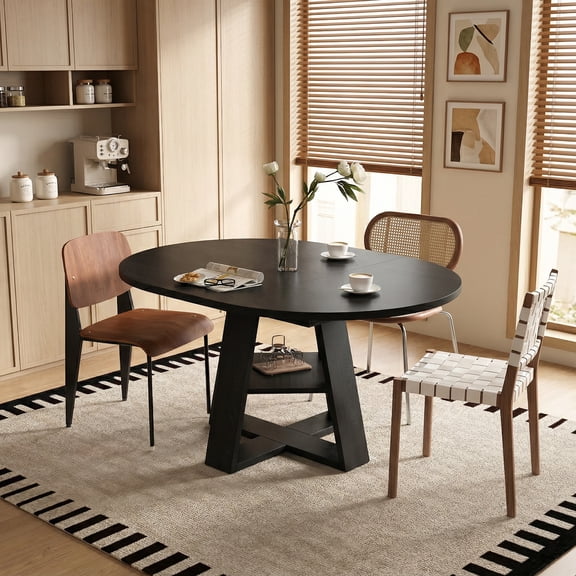 43.3~59 In Extendable Round Dining Table for 4~8 Modern Oval Kitchen Removable Leaves Wood Base Storage Shelf Black