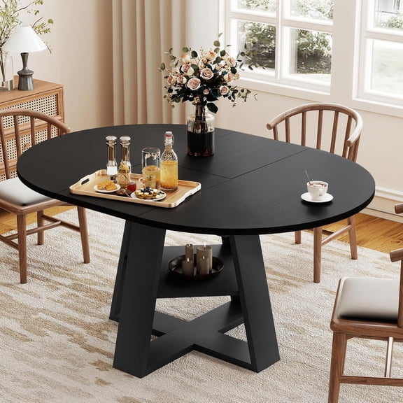 43.359in Extendable Oval Dining Table for 46, Engineered Wood Round Dining Table with Hidden Extension Storage &Bottom Shelf, SpaceSaving Modern Kitchen Living Room Tables, Black