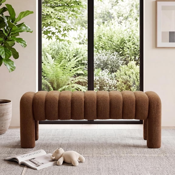 43.3" Boucle Upholstered Bench for Bedroom, Rust Brown | Padded Ottoman Bench, Sherpa Window Seat, For Bedroom Living Room Entryway, End of Bed
