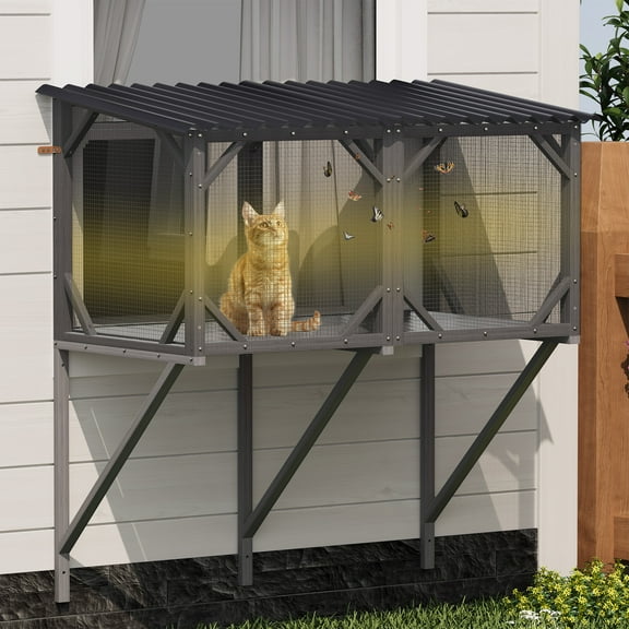 43.3" Cat Window Perch Outdoor - All-Weather Catio Enclosure with Waterproof Roof, 360° Viewing for Large Cats, Dark Gray