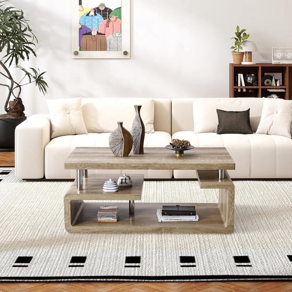 43.3" Coffee Table, 3-Tier Modern Center Unit with Storage, Large Wood Rectangle Table for Living Room, Office, Apartment (Retro Wood Grain)