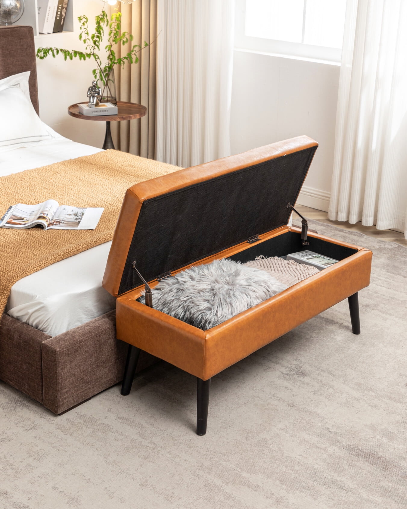 43.3 End of Bed Storage Bench Tufted Foot Bench for End of Bed Entryway Storage Ottoman Bench Footstools Bedroom Seat with Solid Wood Legs PU