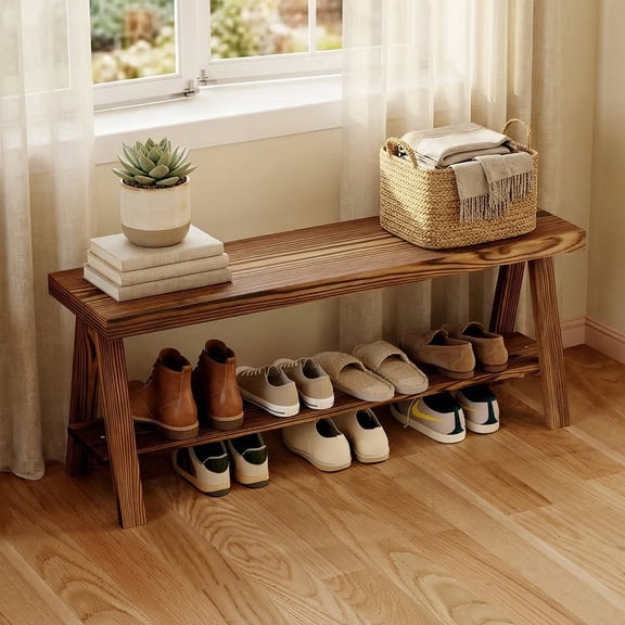 43.3" Farmhouse Bench, End of Bed Bench,Solid Wood Entryway Bench, Indoor Bench, Rustic Wood Bench Seat for Indoor,Entryway, Dining Room, Living Room, Hallway, end Bed and Front Door, Brown