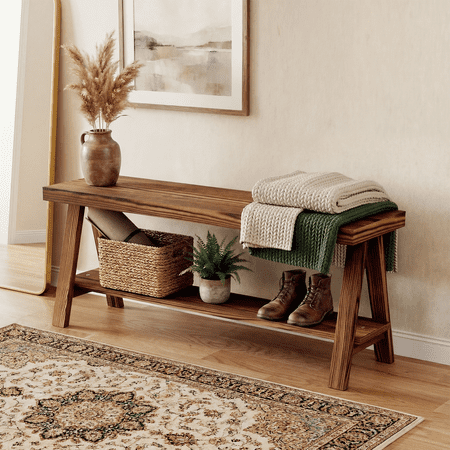 43.3" Farmhouse Bench, End of Bed Bench,Solid Wood Entryway Bench, Indoor Bench, Rustic Wood Bench Seat for Indoor,Entryway, Dining Room, Living Room, Hallway, end Bed and Front Door, Brown