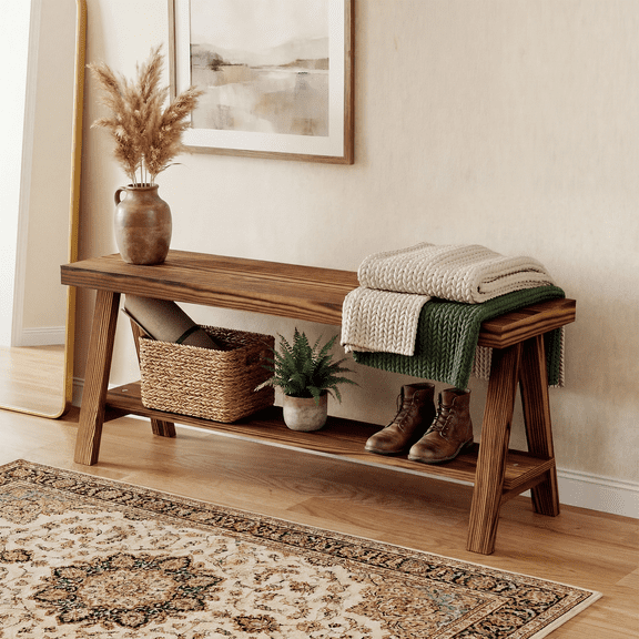 43.3" Farmhouse Bench, End of Bed Bench,Solid Wood Entryway Bench, Indoor Bench, Rustic Wood Bench Seat for Indoor,Entryway, Dining Room, Living Room, Hallway, end Bed and Front Door