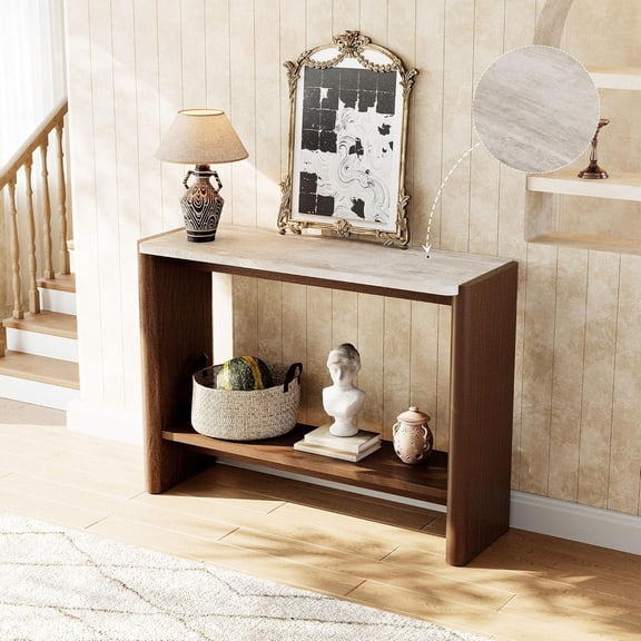 43.3" Farmhouse Console Table for Entryway, 2-Tier Sofa Table with Faux Stone Grain Top, Slim Accent Table for Hallway, Behind Couch, or Living Room, Brown Wood Look