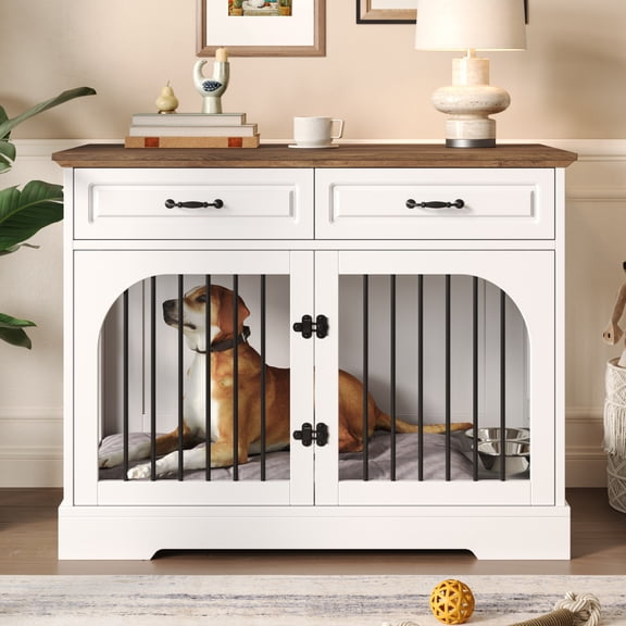 43.3" Farmhouse Dog Crate Furniture, Wooden Dog Kennel with 2 Storage Drawers and Rotating Food Bowls, Secure Metal Bar Crate for Large & Medium Dogs, Indoor Dog Crate Side Table, Black and Brown
