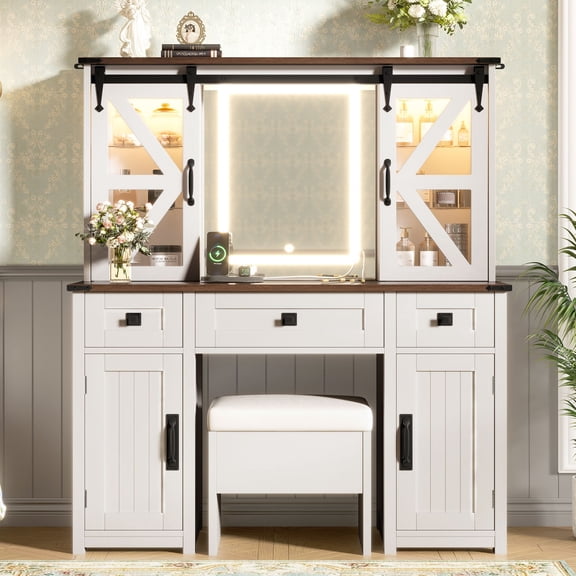 43.3" Farmhouse Makeup Vanity Desk with Lighted Mirror, Vanity Table Set with Storage Stool and Charging Station, Dressing Table with Sliding Barn Door Hidden Shelves & 3 Drawers & 4 Cabinets, Beige