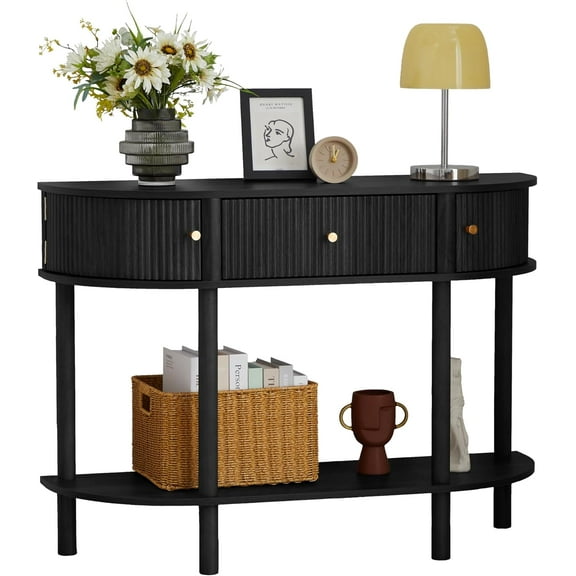 43.3“ Fluted Half Moon Console Table, Modern Entryway Console Sofa Table with Storage, Narrow Wood Accent Tables Behind Couch Tables for Living Room, Hallway, Foyer(Black)