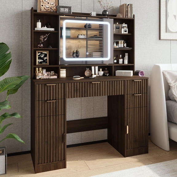 43.3" Fluted Vanity Desk with Mirror and Lights, Wood Makeup Vanity Desk with Charging Station & Mobile Mirror, Modern Dressing Table with Adjustable Shelves & Jewelry Hooks for Girls, Women, Walnut