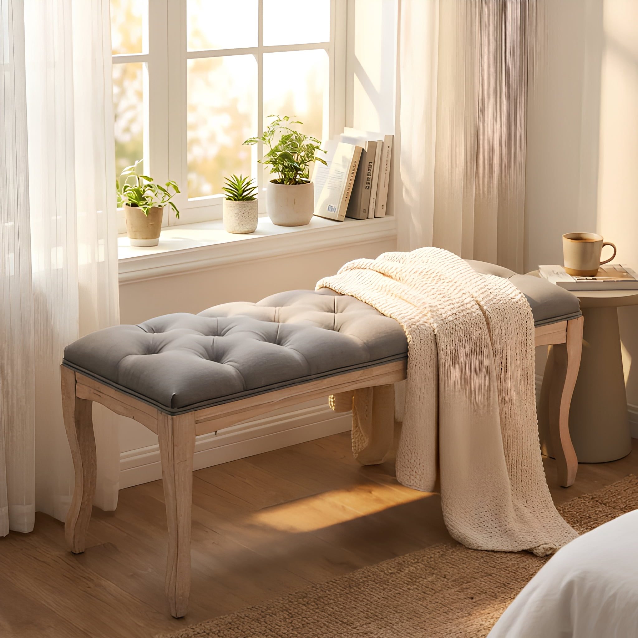 43.3" French Vintage Tufted Bench, Upholstered Linen Ottoman with Carved Distressed Wood Legs, 300 LBS Capacity Entryway End of Bed Bench for Bedroom Foyer Dining Room