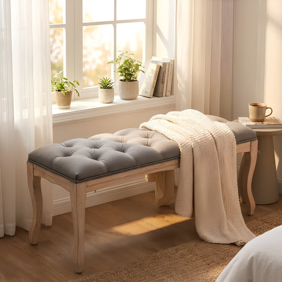 43.3" French Vintage Tufted Bench, Upholstered Linen Ottoman with Carved Distressed Wood Legs, 300 LBS Capacity Entryway End of Bed Bench for Bedroom Foyer Dining Room
